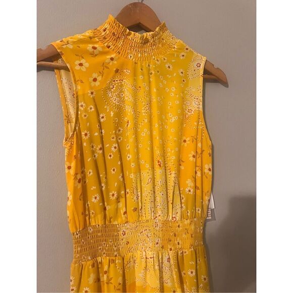 Nanette Lepore 4 High Neck Blouson Swing Dress Yellow Patchwork Paisley Floral - Picture 6 of 16